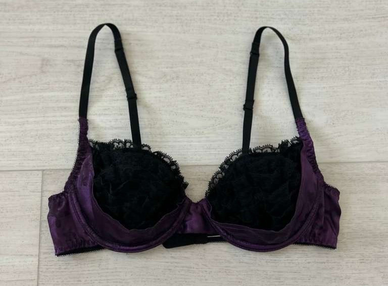 Vintage Frederick&rsquo;s of Hollywood Satin Balconette Bra Sz 32 Purple / Black