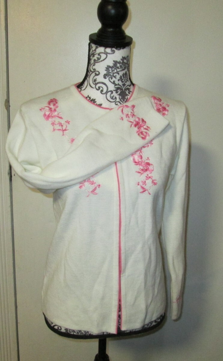 vintage embroidered Ashley sweater size medium white with pink flowers