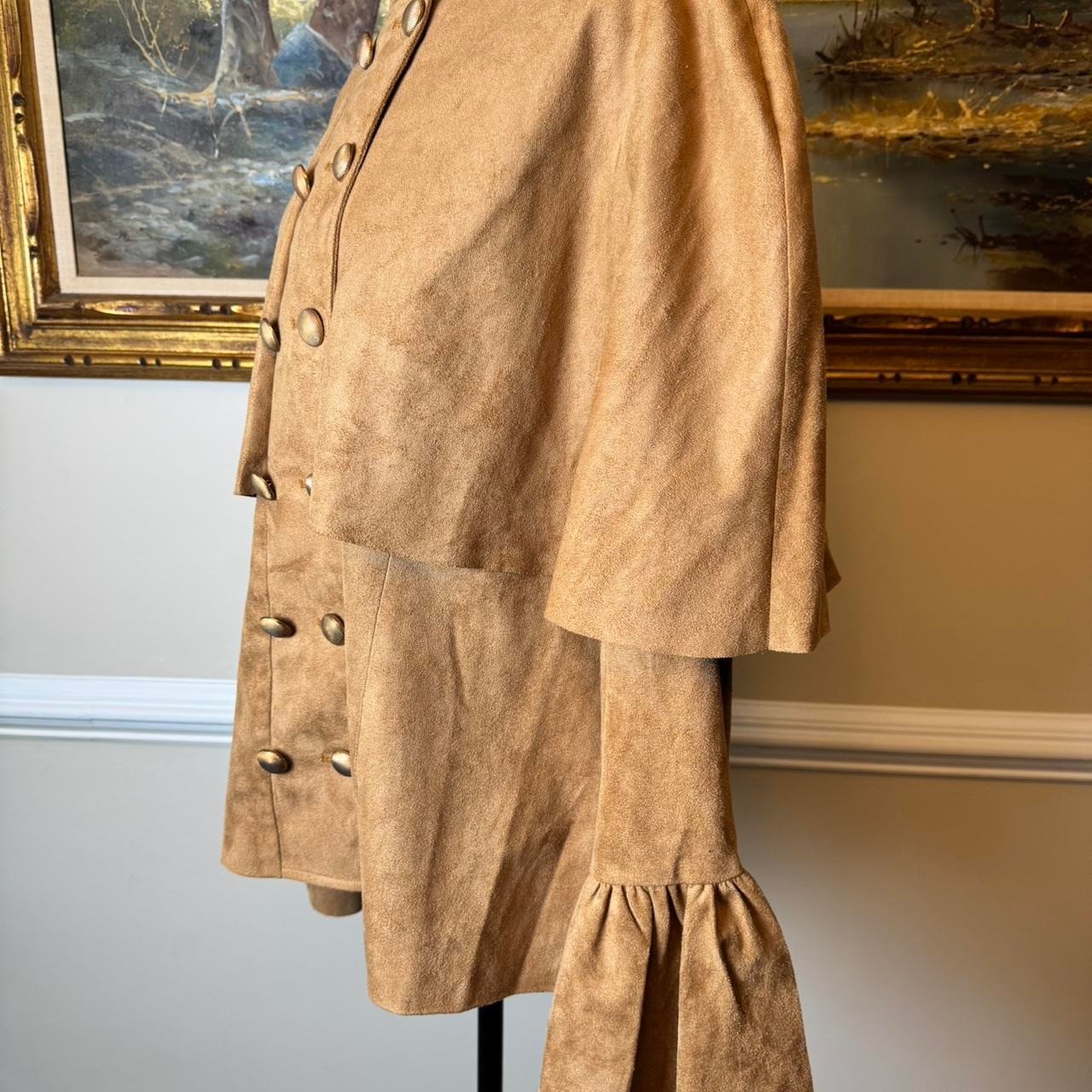 Vintage Camel Faux Suede Capelet Jacket Plus 1X Bell Sleeve Double Breasted Boho