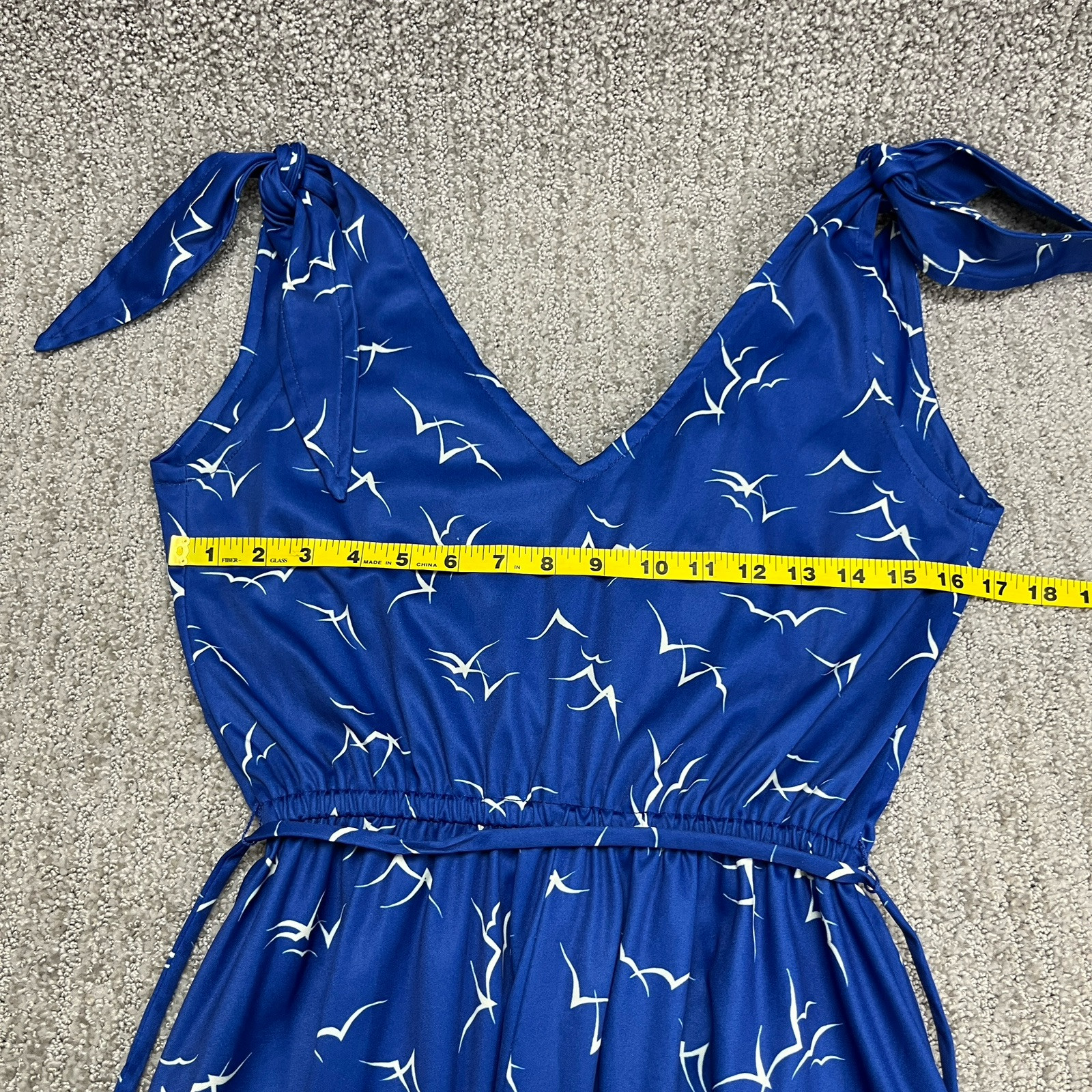 Vintage 70s Dress Womens Small Blue Seaside Seagulls All Over Print Tie Shoulder