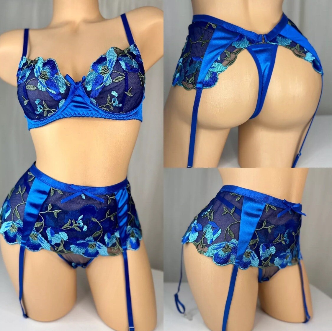 L 7 Glossy Satin Vtg Lingerie Lot Hi Cut Thong Panty 4 Strap Garter Belt & Bra