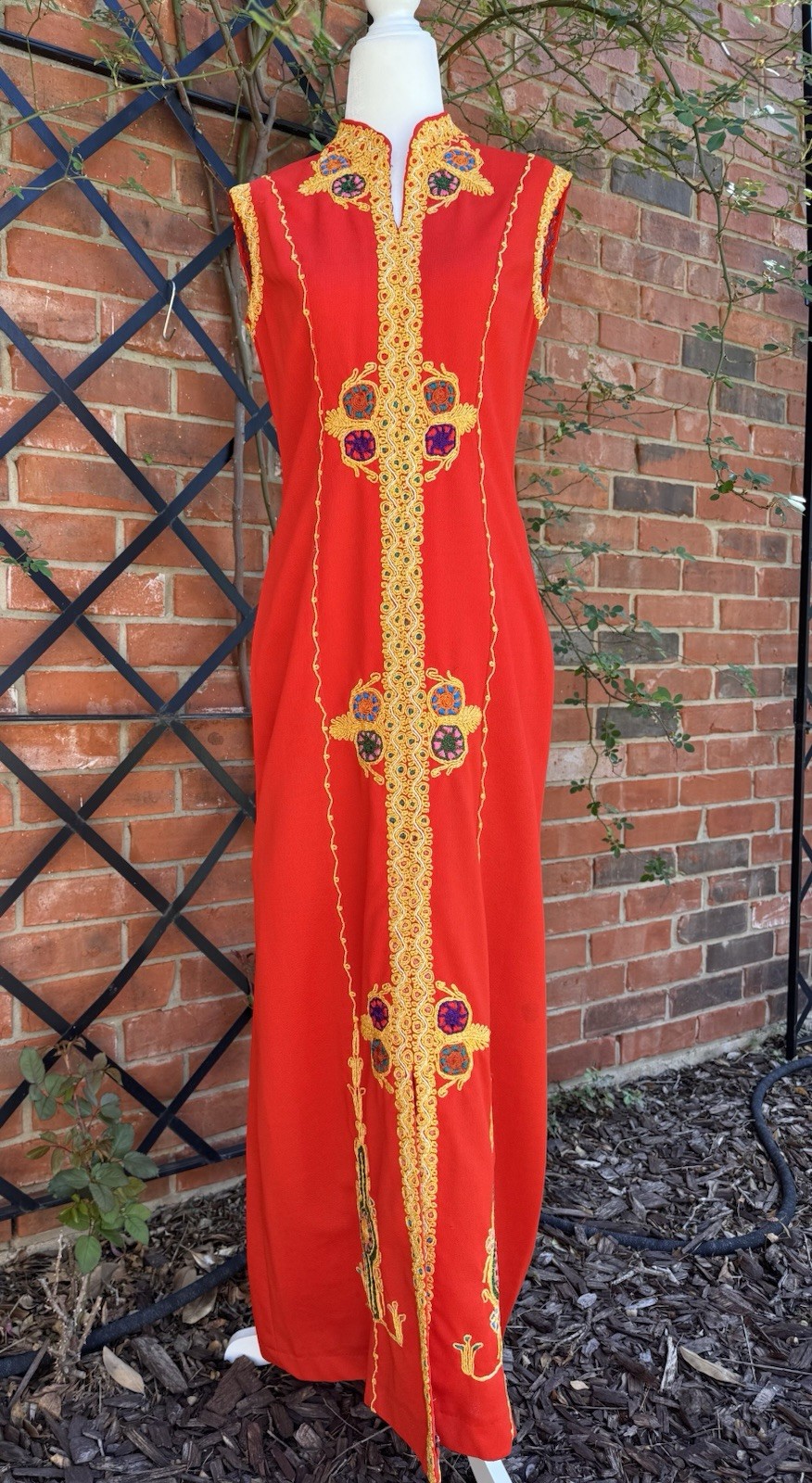 Vintage 1960s Red Hostess Column Maxi Dress With Gold Soutache Embroidery Size M