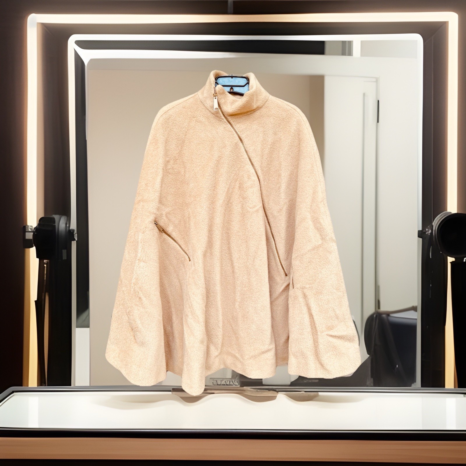 50s 60s Saks 5th Ave Wool Midi Cape Coat VTG Camel Hi Collar Front Zip
