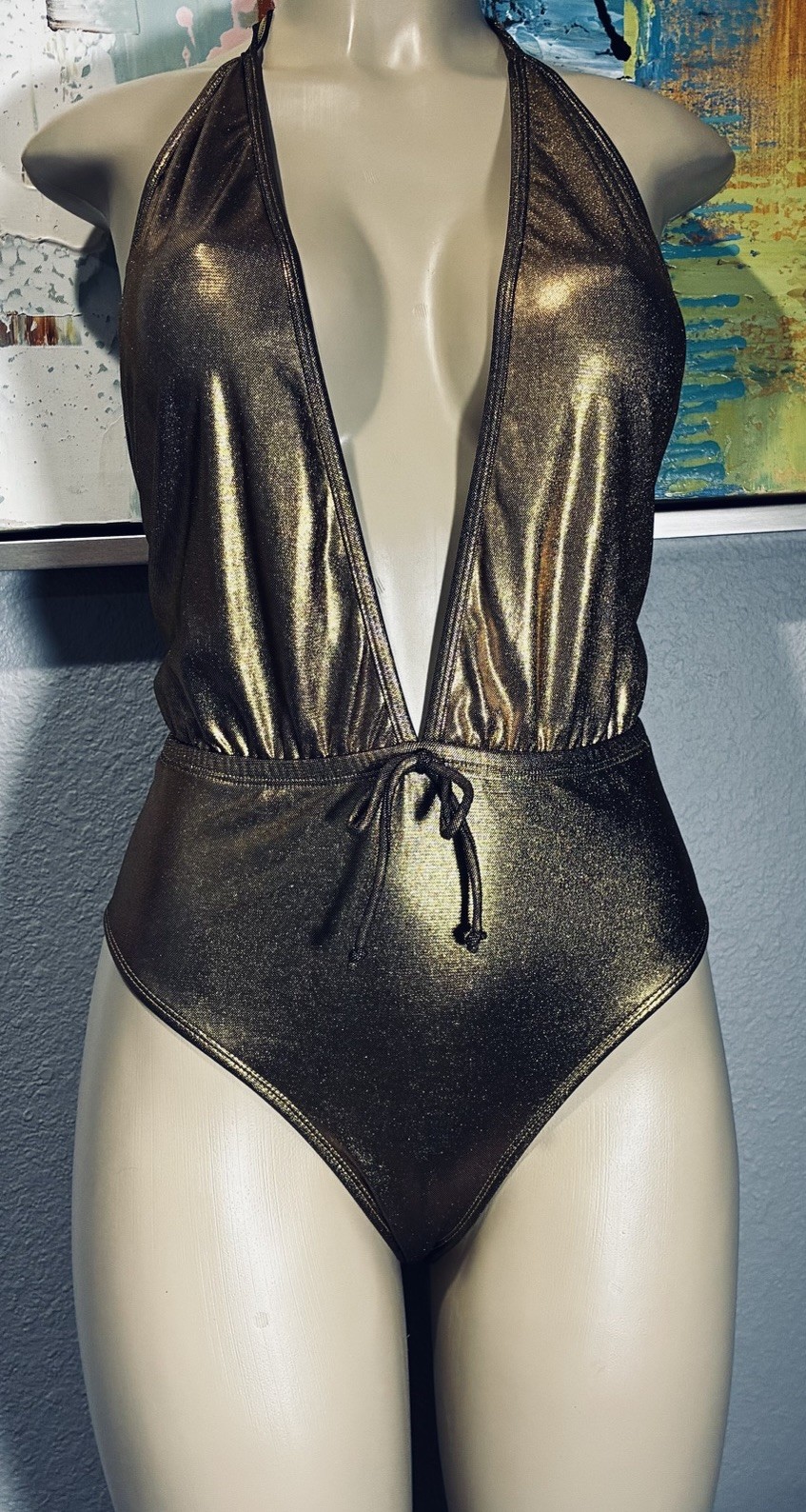 Vtg Gold Metallic One Piece Shape FX Halter Swimsuit 14