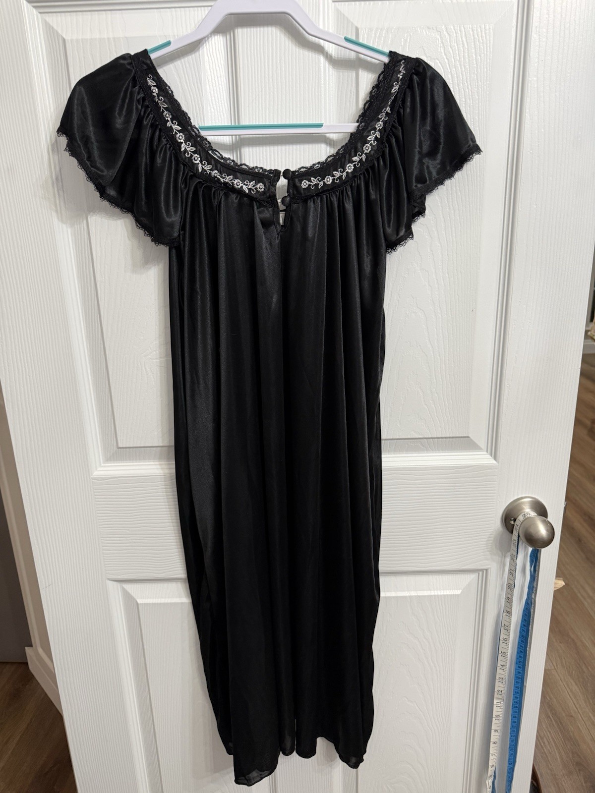 Vintage Y2K Black Satin Nightgown Embroidered Lace Trim Cottagecore Goth XL