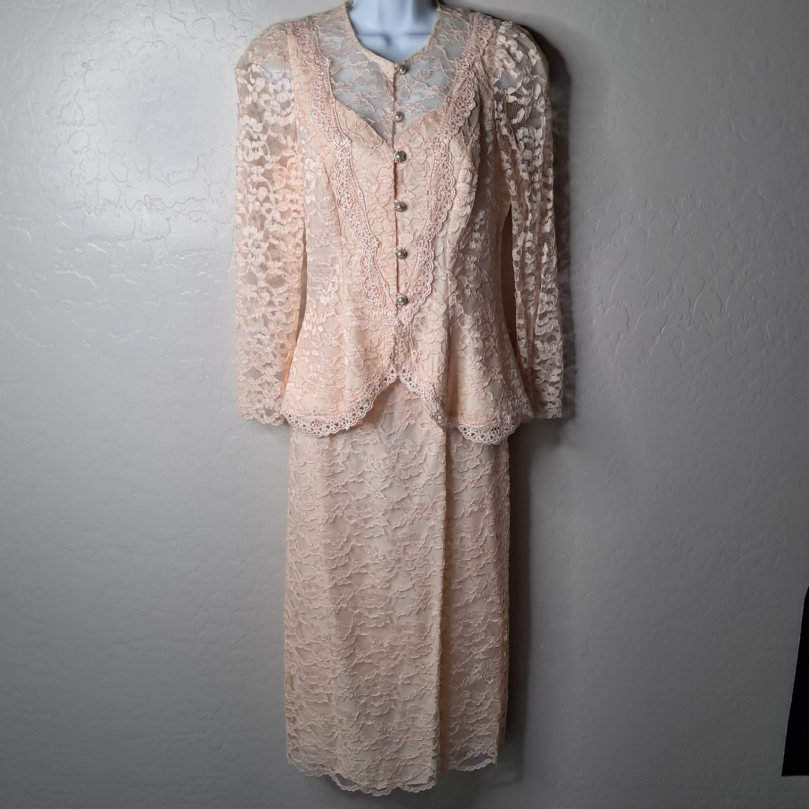 Vintage 1980s Cachet by Bari Protas Peach Lace Skirt & Jacket Size 5/6