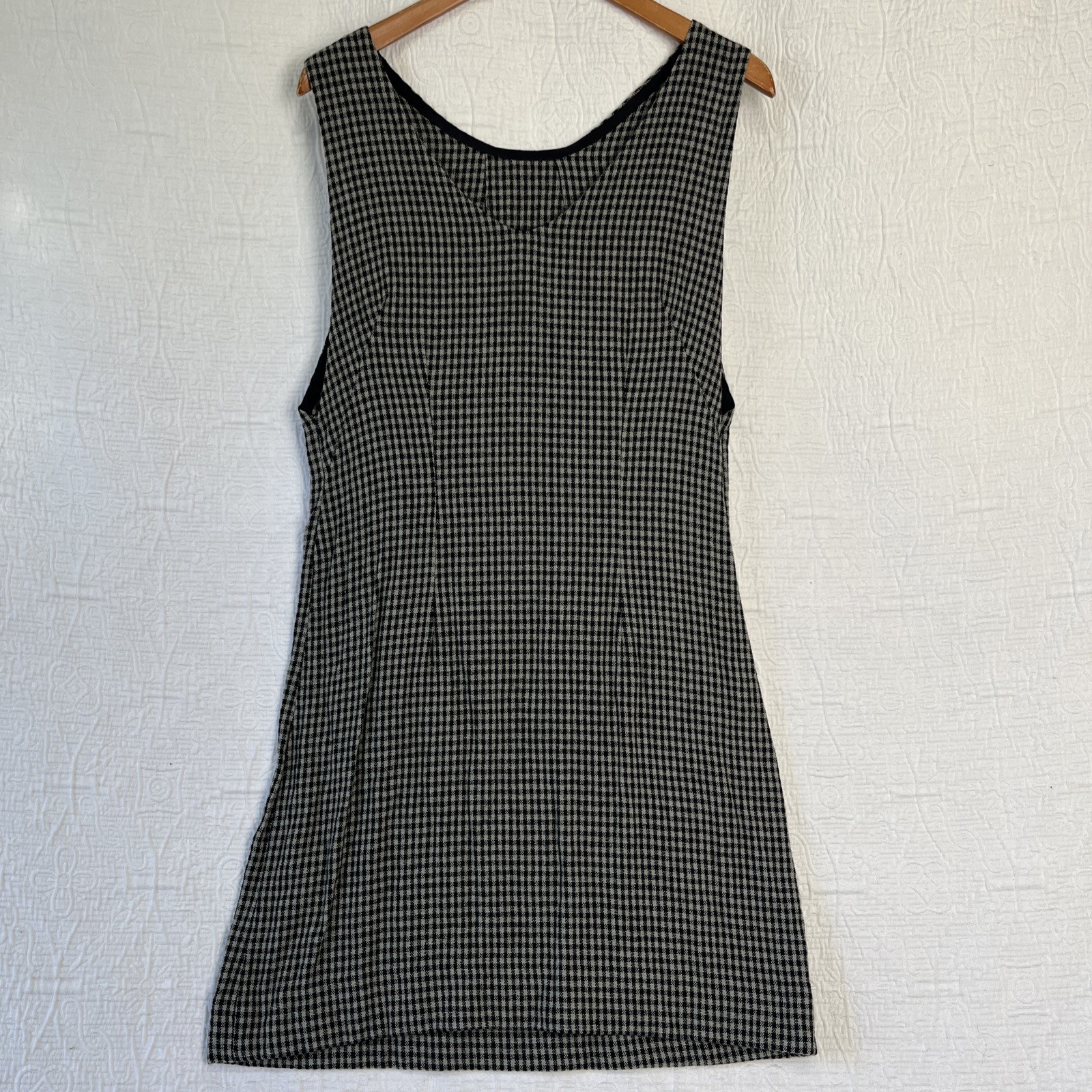 Vintage Wool Gingham Plaid Jumper Dress Pinafore Black Grey Homemade Pullover M