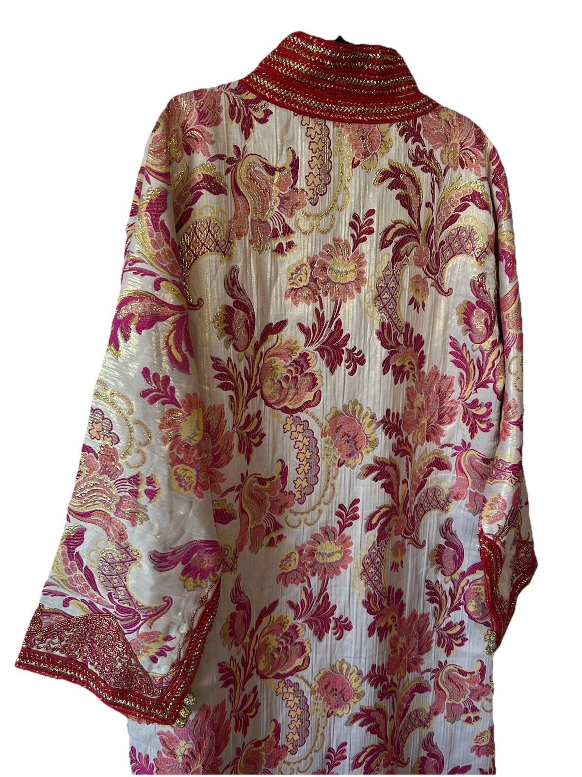 Vintage 1970’s Moroccan Brocade Kaftan Maxi Dress Pink Gold Embroidered L/XL