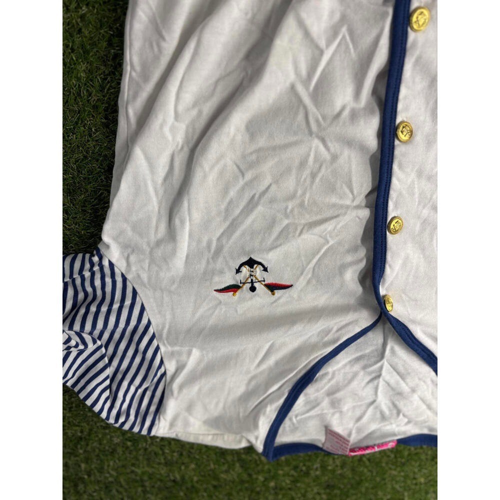 PennyLane Vintage Romper Button Nautical Coastal Cruise Resort Blue white S/M