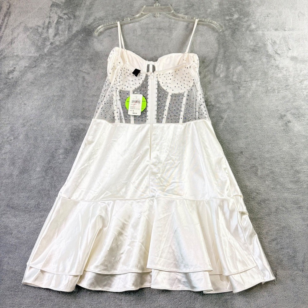 Windsor L White Rhinestone Mesh Corset Satin Tiered Ruffle Mini Dress Party NWT