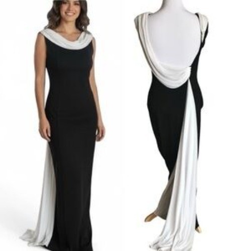 Vintage Cache Black White Evening Gown 90s Y2K Cowl Draped Open Back Formal XS