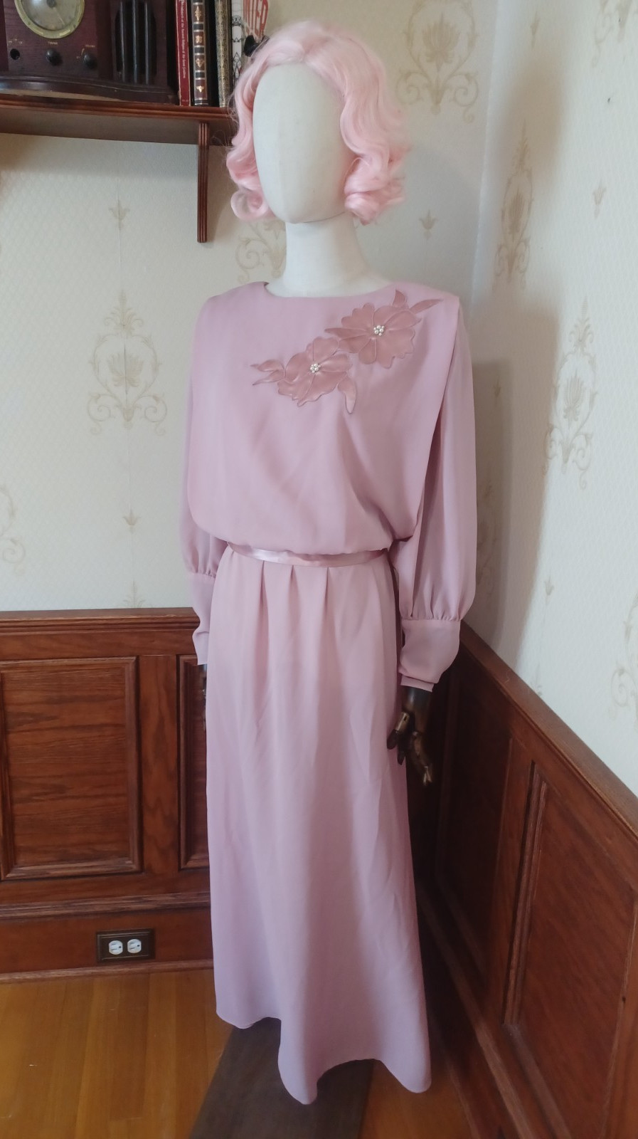 Vintage 1970s/80s Union-Made Pink Chiffon Maxi-dress w/Satin + Pearl Accents