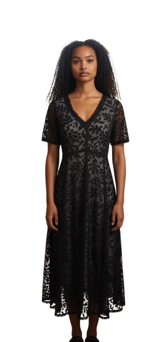 Vtg 90s Y2K Nostalgia Brand Black Velvet Goth Grunge Sheer Floral Maxi Dress S