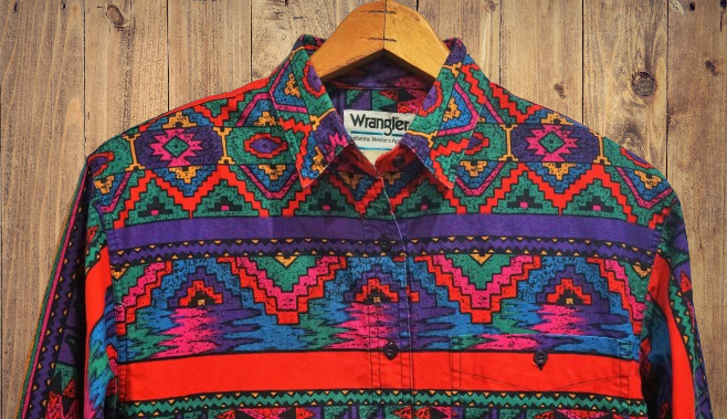 Vintage 80s Wrangler Authentic Western Apparel Colorful Aztec Shirt Womens M EUC