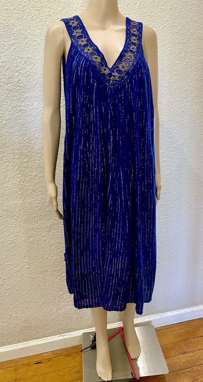 70s Boho Indigo Blue Sheer Cotton Gauze Gold Metallic Crochet Lace Sundress OS