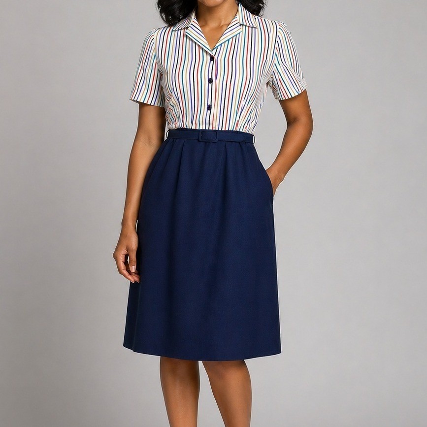 Vintage 70s Lady Carol Petites Striped Navy Belted Secretary Dress Polyester M