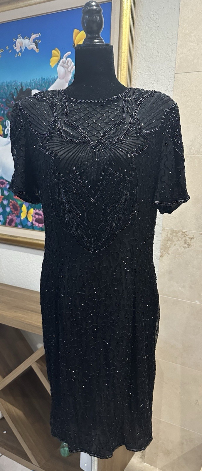 VTG 80s AP Ltd Vintage Black Beaded Sequin Silk Dress US 14 L Knee Length NWT