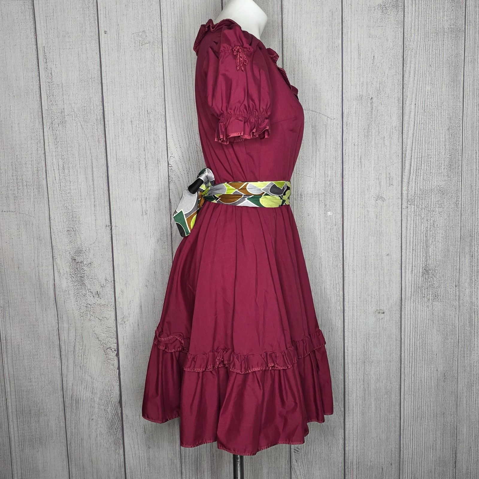 Vintage Malco Modes Raspberry Square Dance Prairie Dress Puff Sleeve Size 10