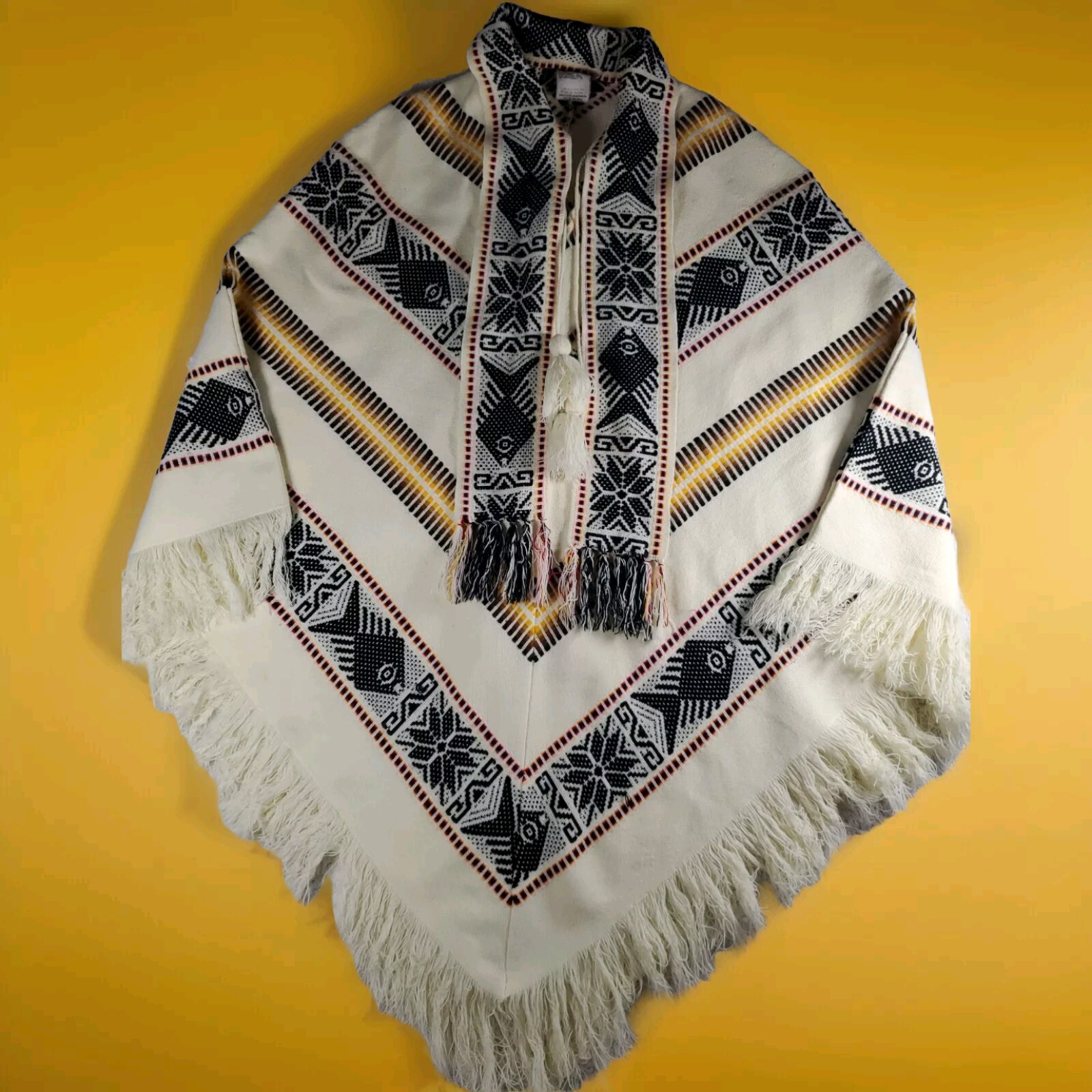 Vintage Aztec Equador White Blue Red Yellow Fringed Poncho Cape Shawl (OSFA)