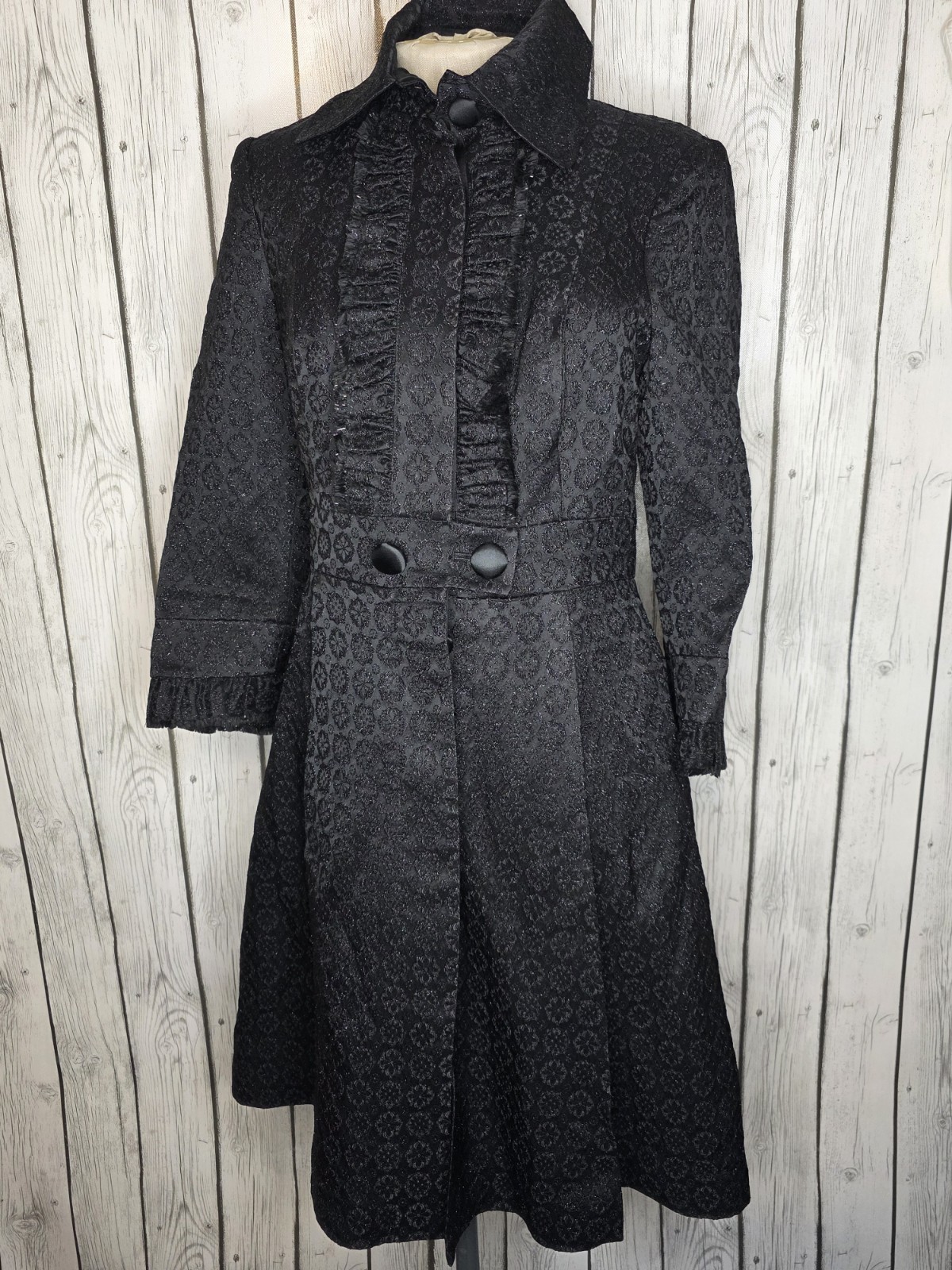 Andrea Becker Vintage Black Brocade Coat Ruffle Whimsigoth Size 8