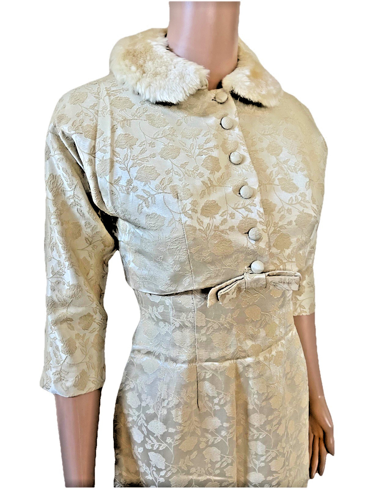 VTG 50s 2 Pc Fur Collar Crop Jacket & Ivory Damask Pencil Dress Suit Set Small**