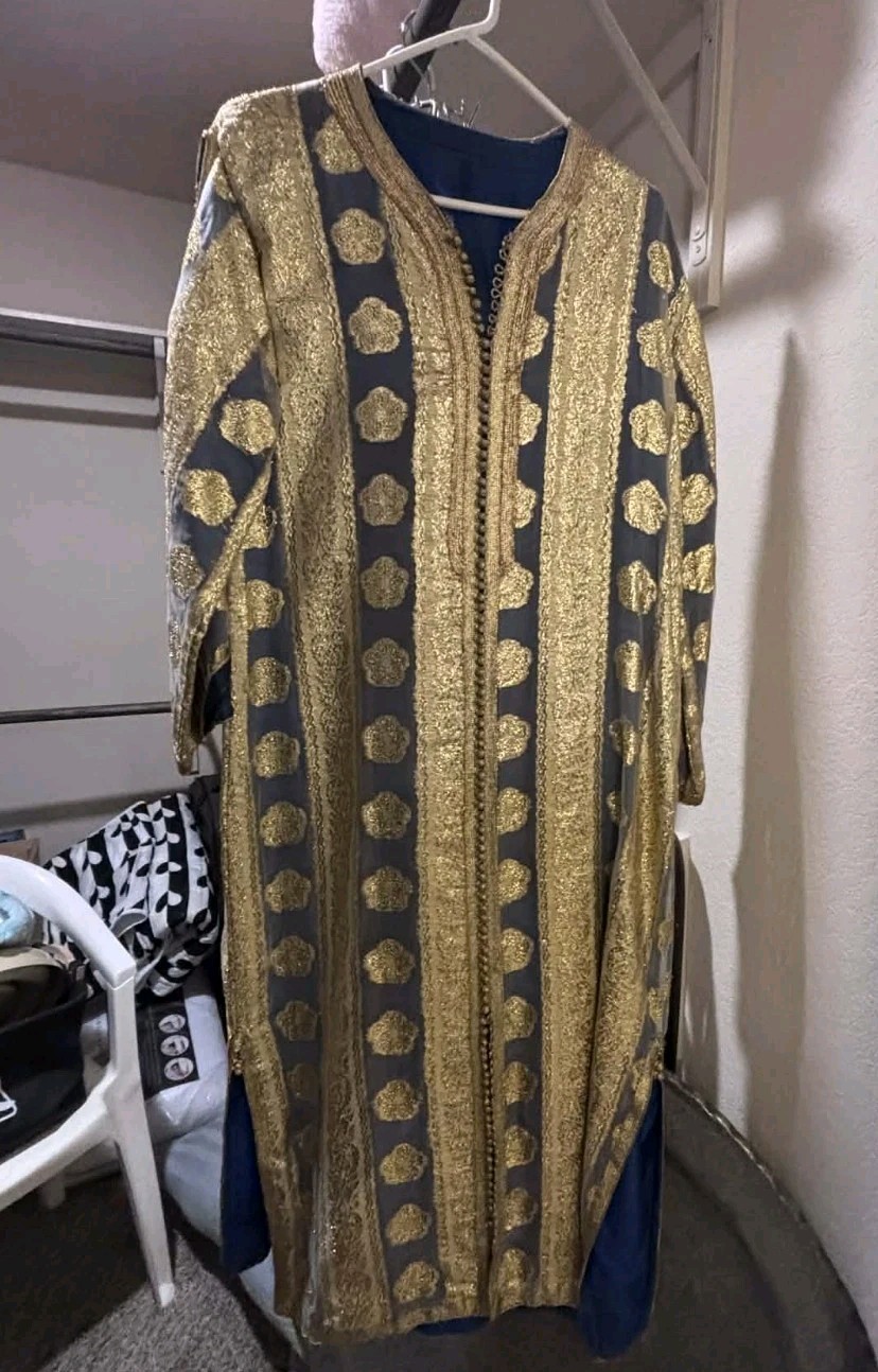 Gorgeous Vintage Moroccan Blue Silk Caftan Heavy Gold Embroidery 1960&rsquo;s