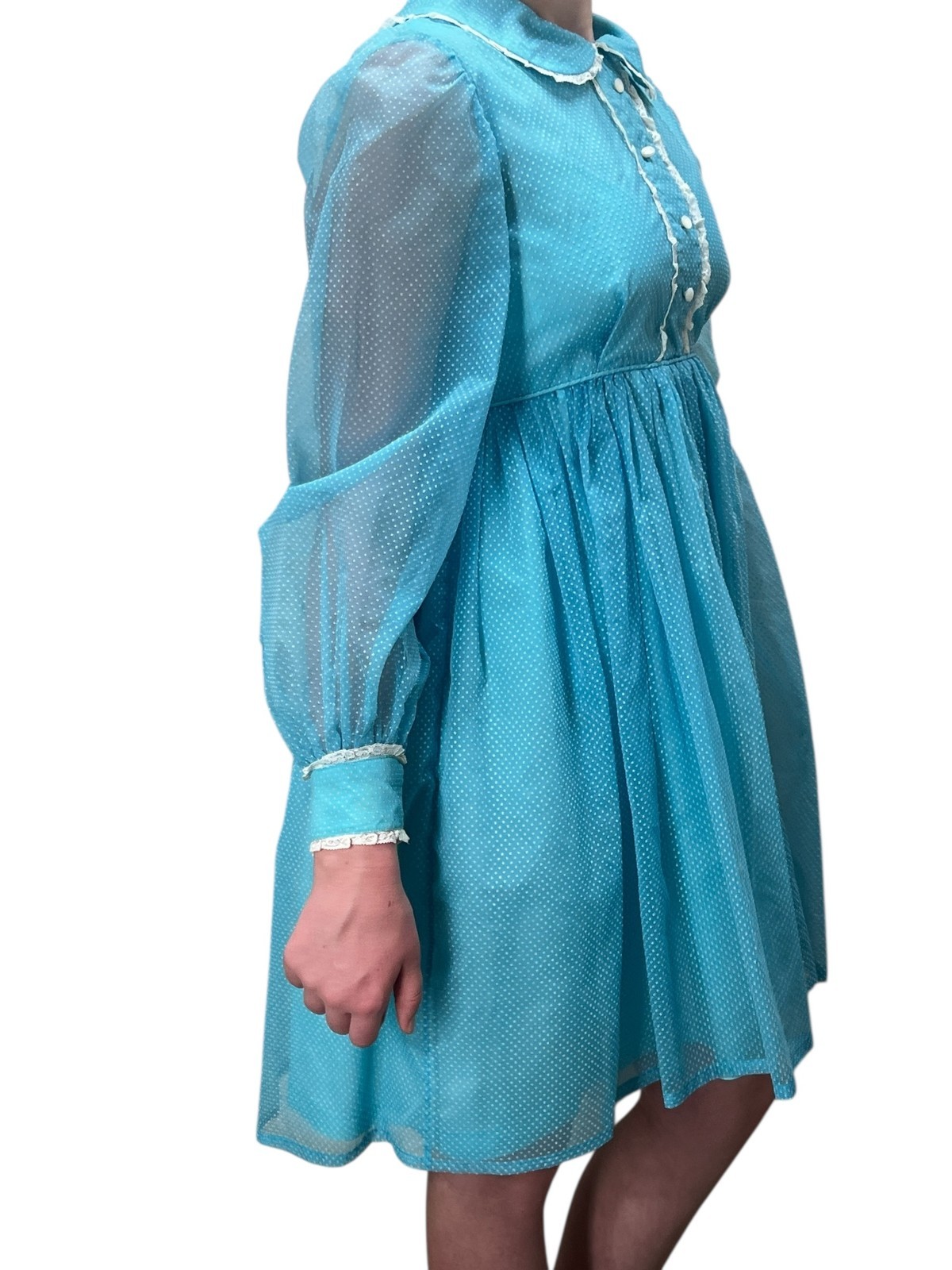 Vtg 60s Sz XS~S BABYDOLL Mini Dress Blue Swiss Dot Empire Waistline MOD