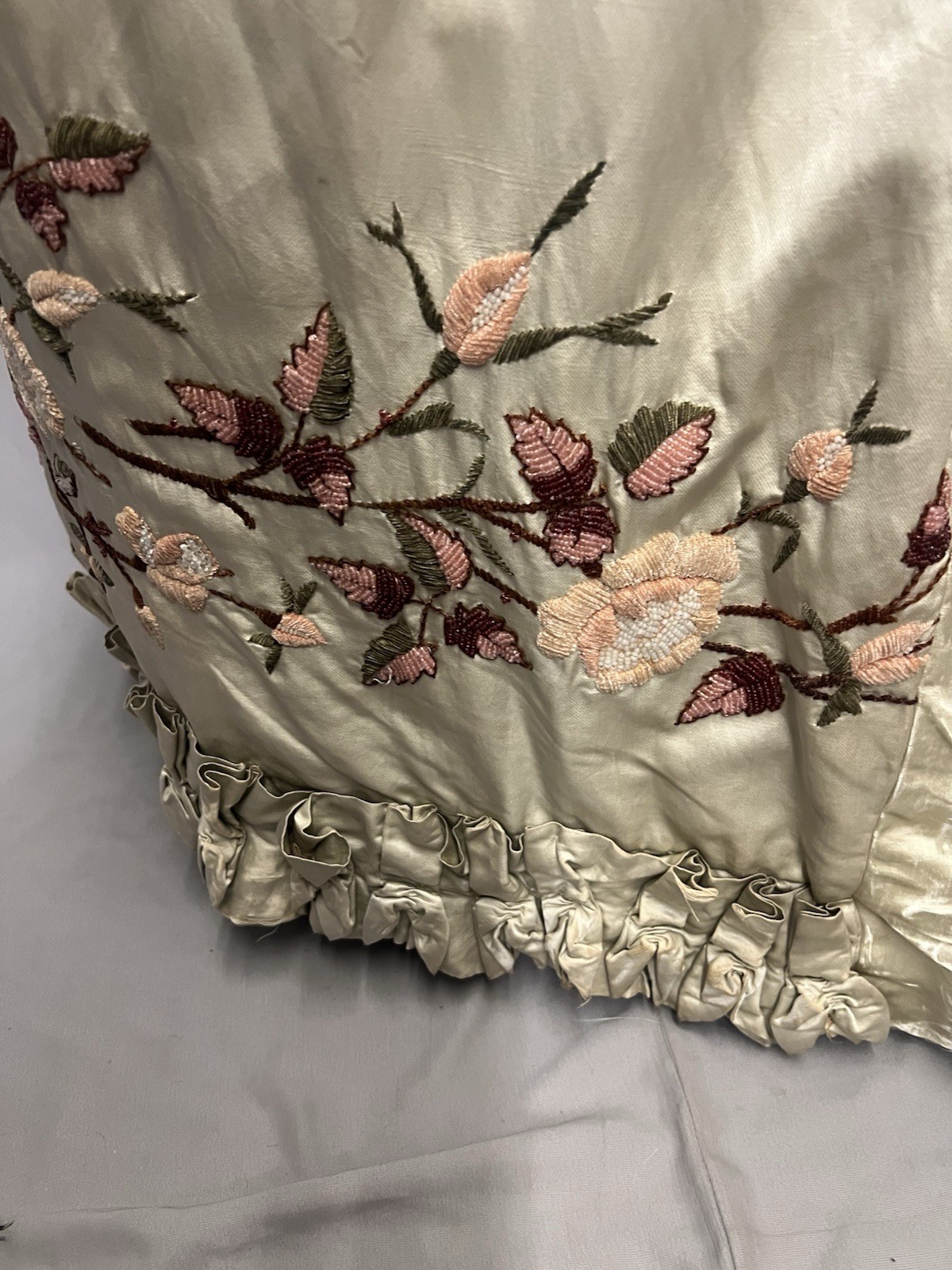 1880’s Light Celery Green Silk Bustle Skirt – Heavy Embroidered & Beaded Florals