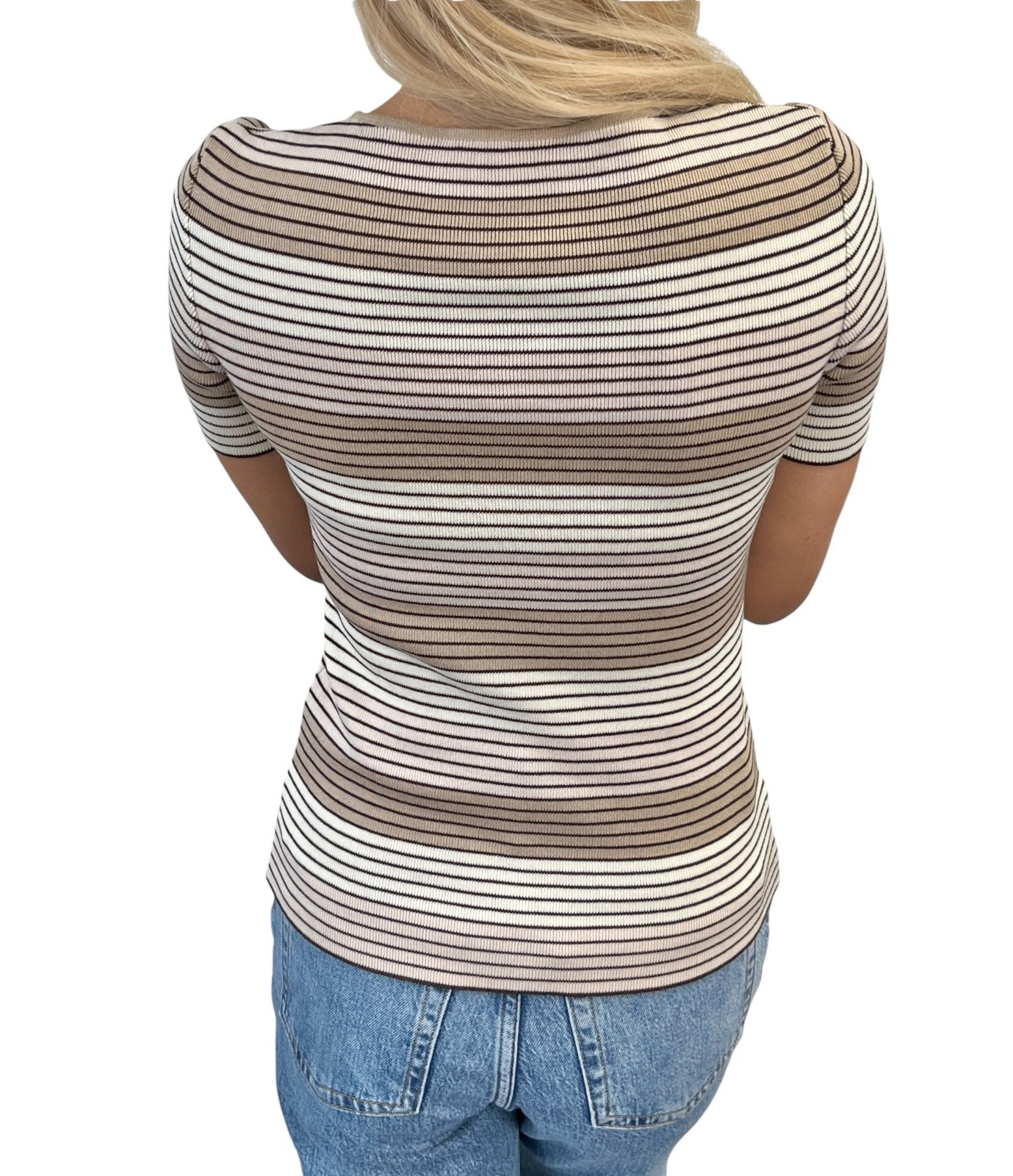CHANEL Vintage 98P CC Mark Logo Stripe Knit T-shirt Top #36 Beige Brown Pullover