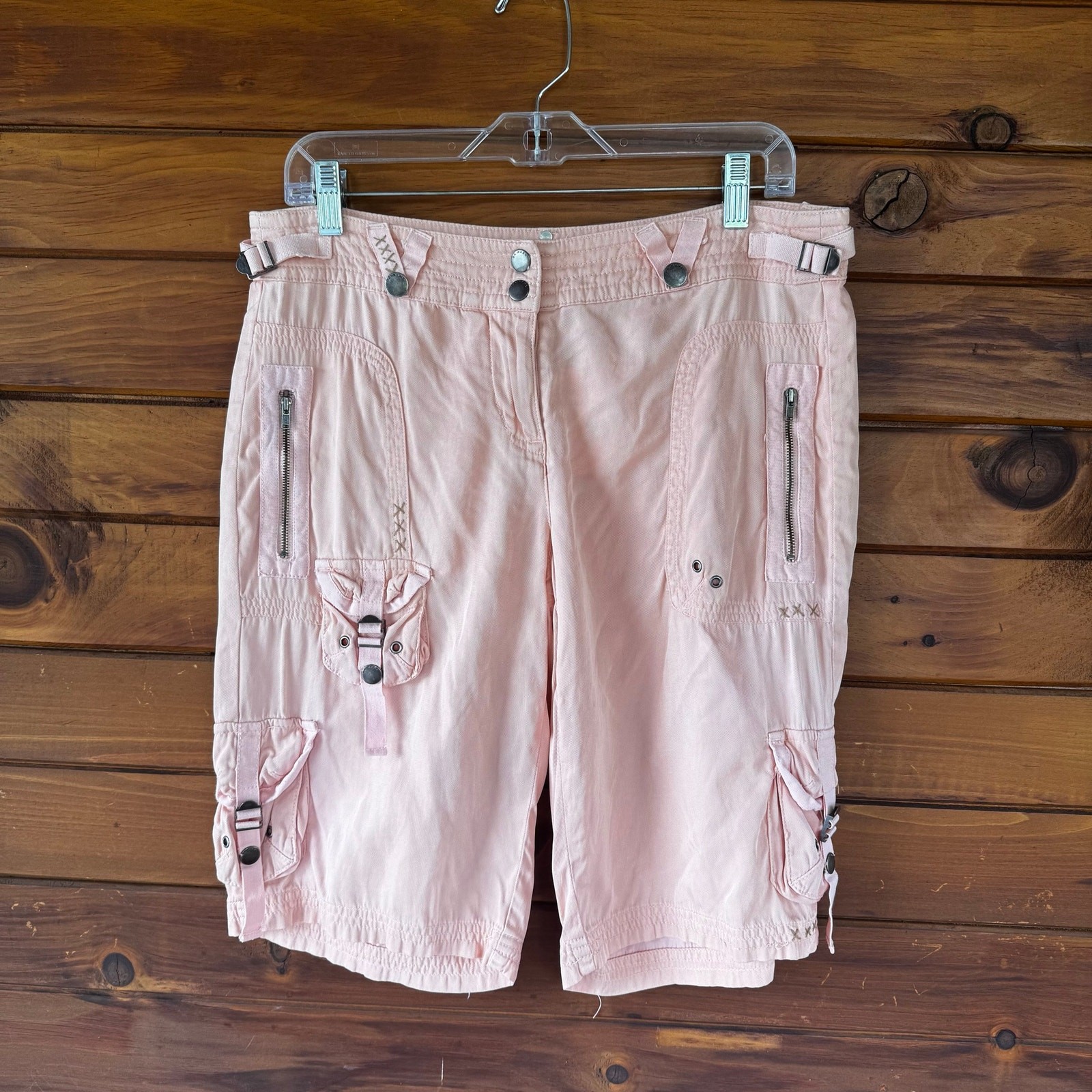 VTG Y2K DANANG Melon Blush Pink Silk Low Rise Embroidered Cargo Shorts Size M