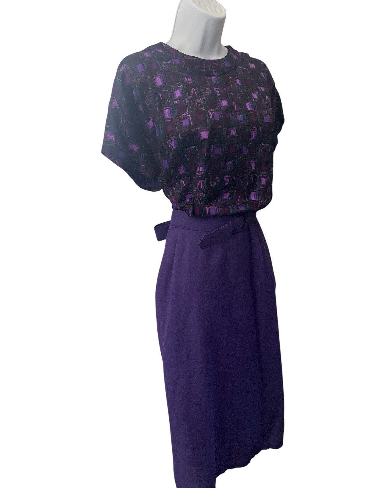 Vtg 50s Atomic Print Dress L Purple Cap Sleeve Silk Solid Skirt Belt Pencil Rare