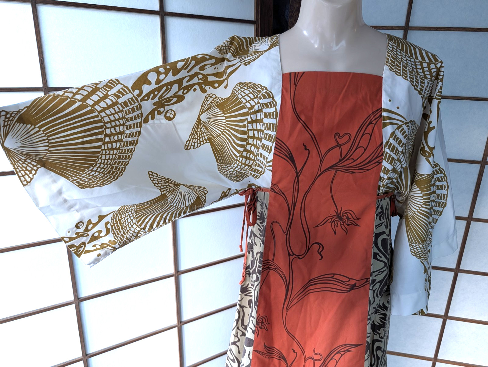 Vintage1970s Tiki Togs Suva Fiji Hawaiian Maxi Dress Caftan M Kimono Sleeves