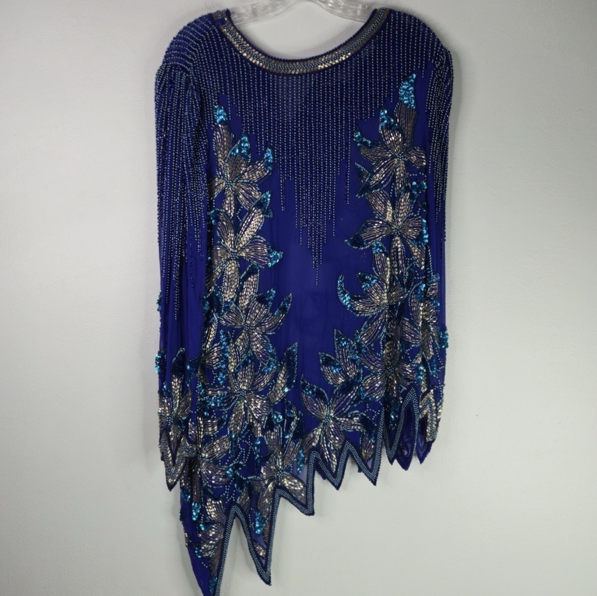 Vintage Black Tie Womens 16 Blue Beaded Sequin Silk Asymmetrical Hem Evening