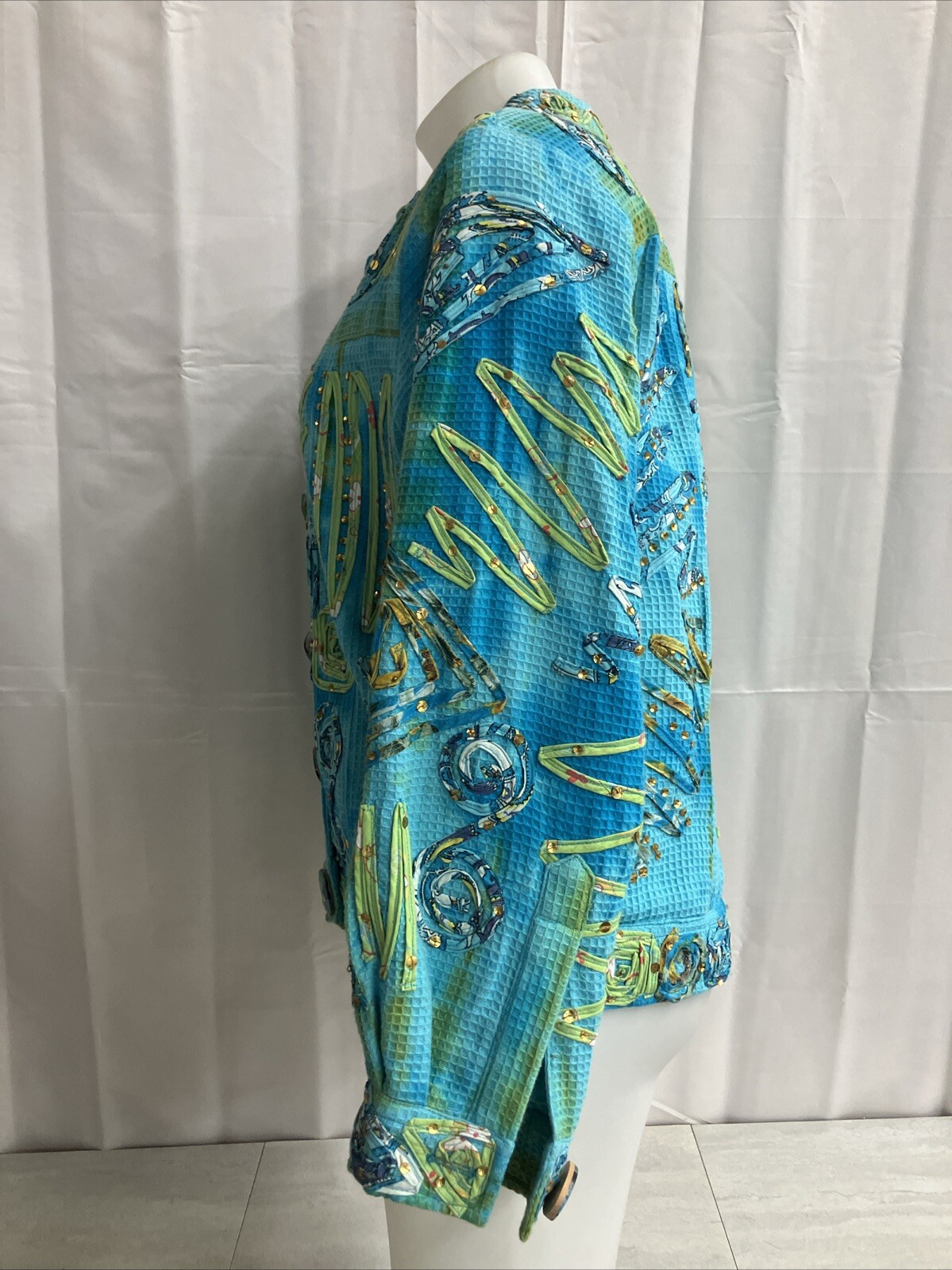 Vintage 90s Turquois Jacket Patchwork Bedazzle Retro CARRIE ALLEN Size Small