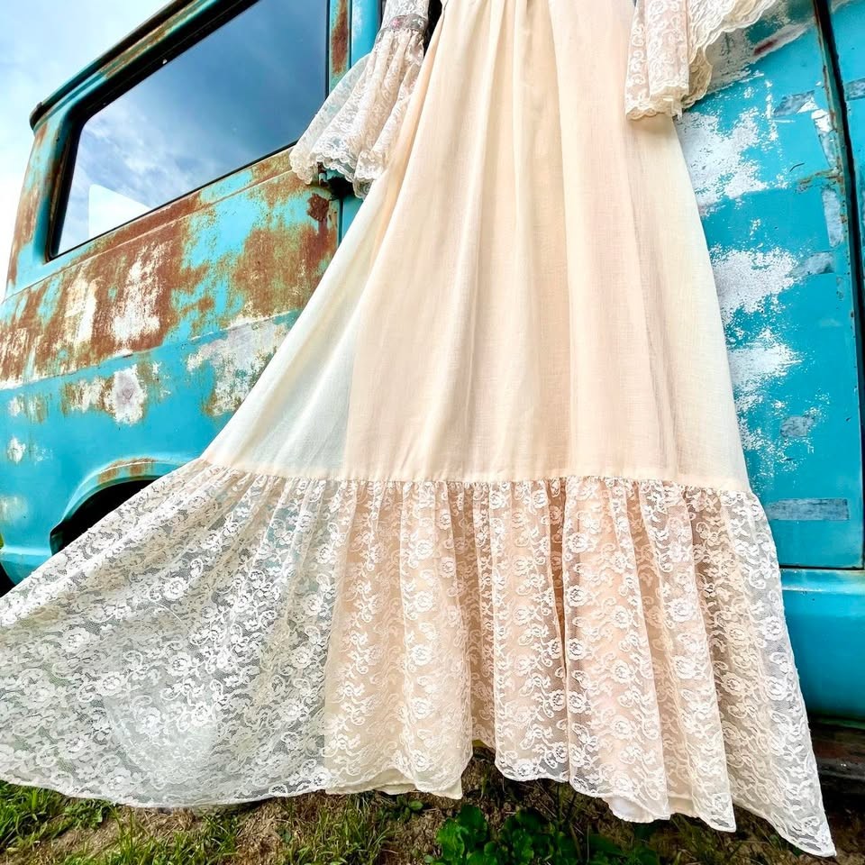70s Candy Jones victorian renaissance lace maxi gown w/ bell sleeves