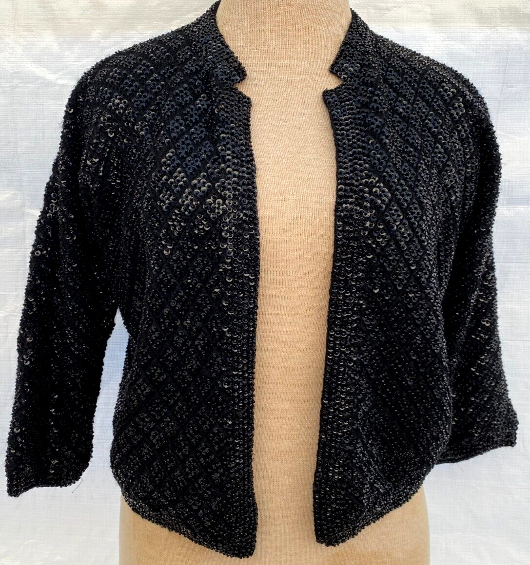 VTG 40s 50s 60s..ROCKABILLY..CROPPED..SEQUIN..BLACK..CARDIGAN..SWEATER..sz S