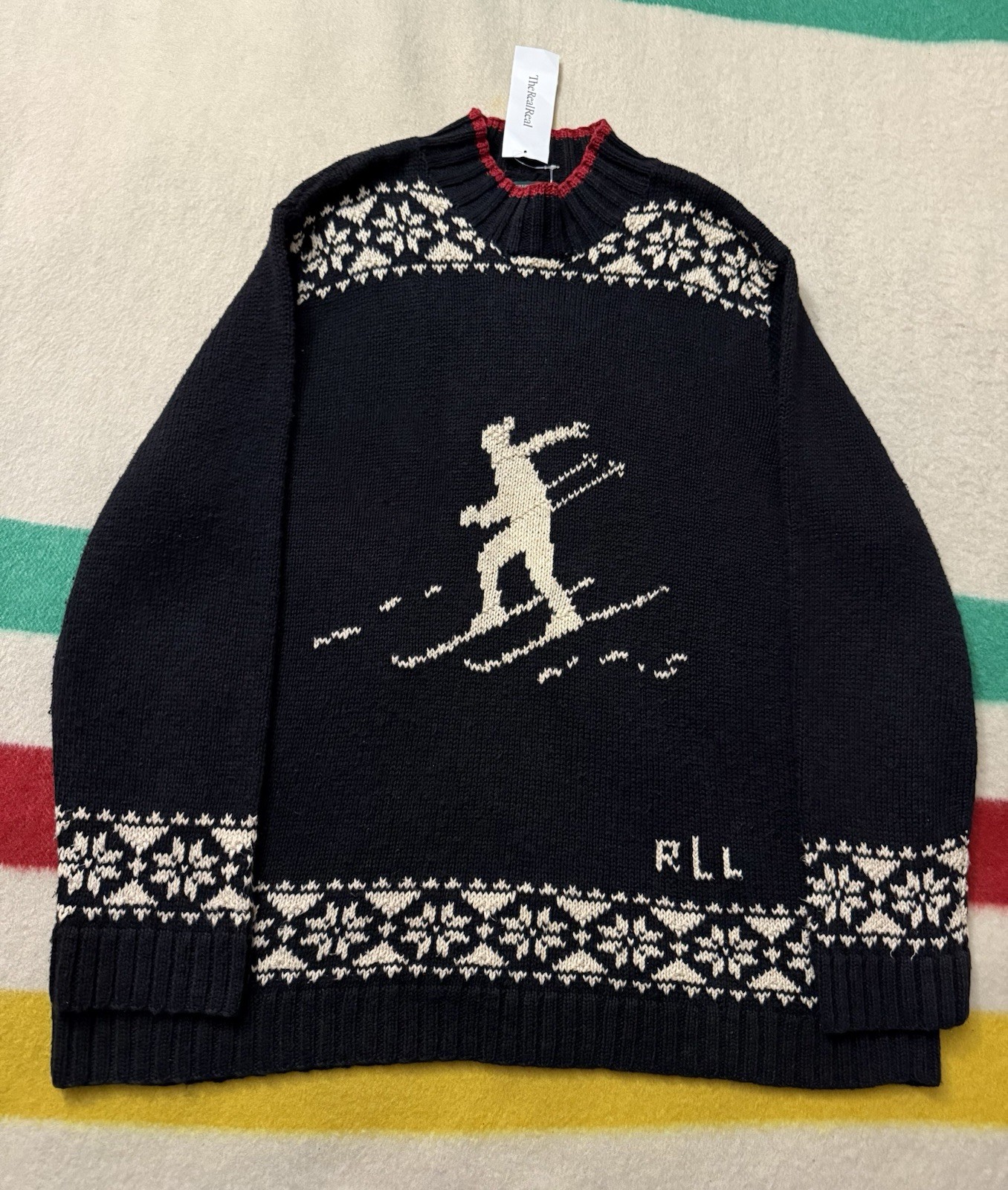 Vintage 90s Women’s Polo Ralph Lauren Hand Knit Skier Ski Sweater 3X XXXL Black