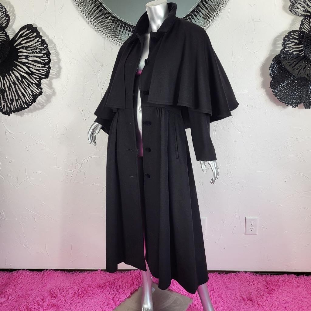 CLAUTE COUTURE~38/S/M~VINTAGE BLACK WOOL VELVET FULL LENGTH CAPE COAT TRENCH