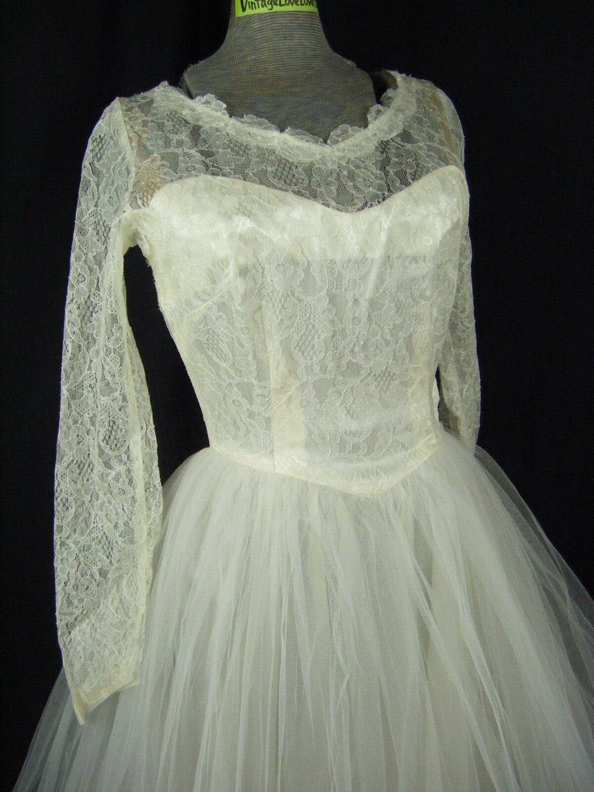 Dated 1955 Vtg Ivory Lace Net Illusion Full Tulle Wedding Dress-Bust 36/2XS