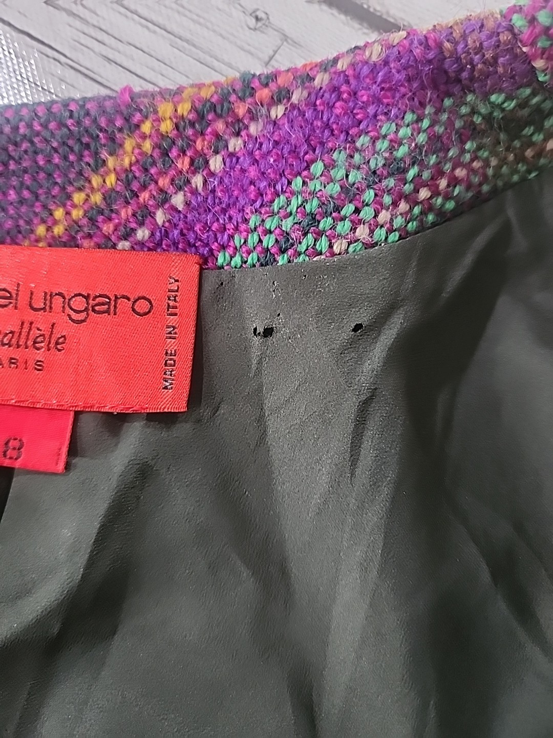 VTG Emanuel Ungaro Parallele Paris Italy Wool Tweed Jacket Sz Med/8 Purple Green