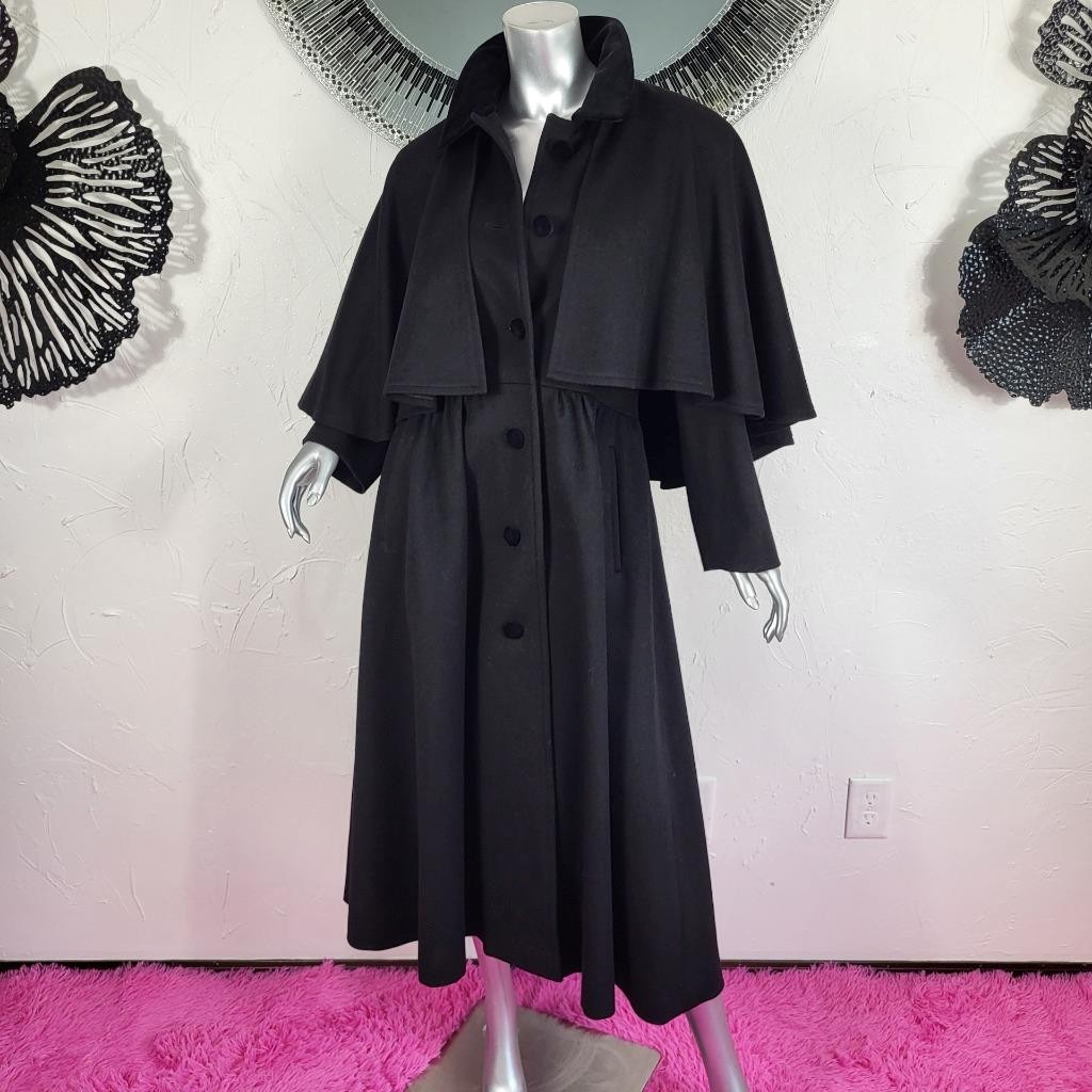 CLAUTE COUTURE~38/S/M~VINTAGE BLACK WOOL VELVET FULL LENGTH CAPE COAT TRENCH