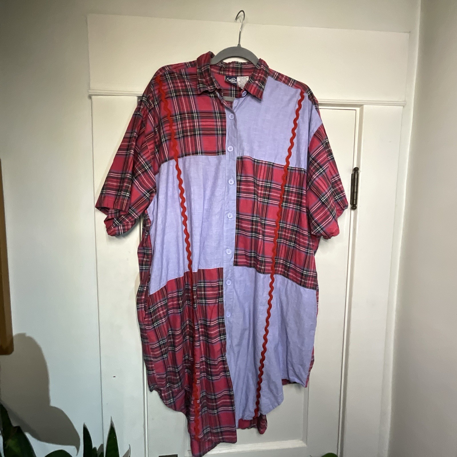 Vintage 80s/90s Chandni Plaid Denim Patchwork Button Down Shirt Dress OSFM