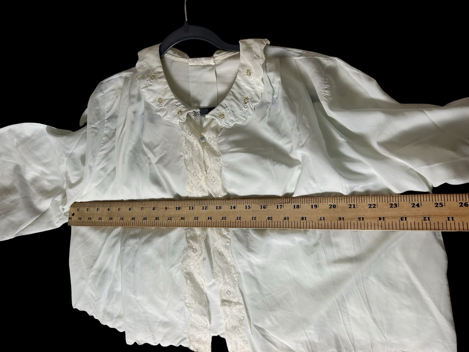 VTG Cropped Bed Jacket Sz Large Blue Floral Lace Tie A-line Collared FLAWS READ