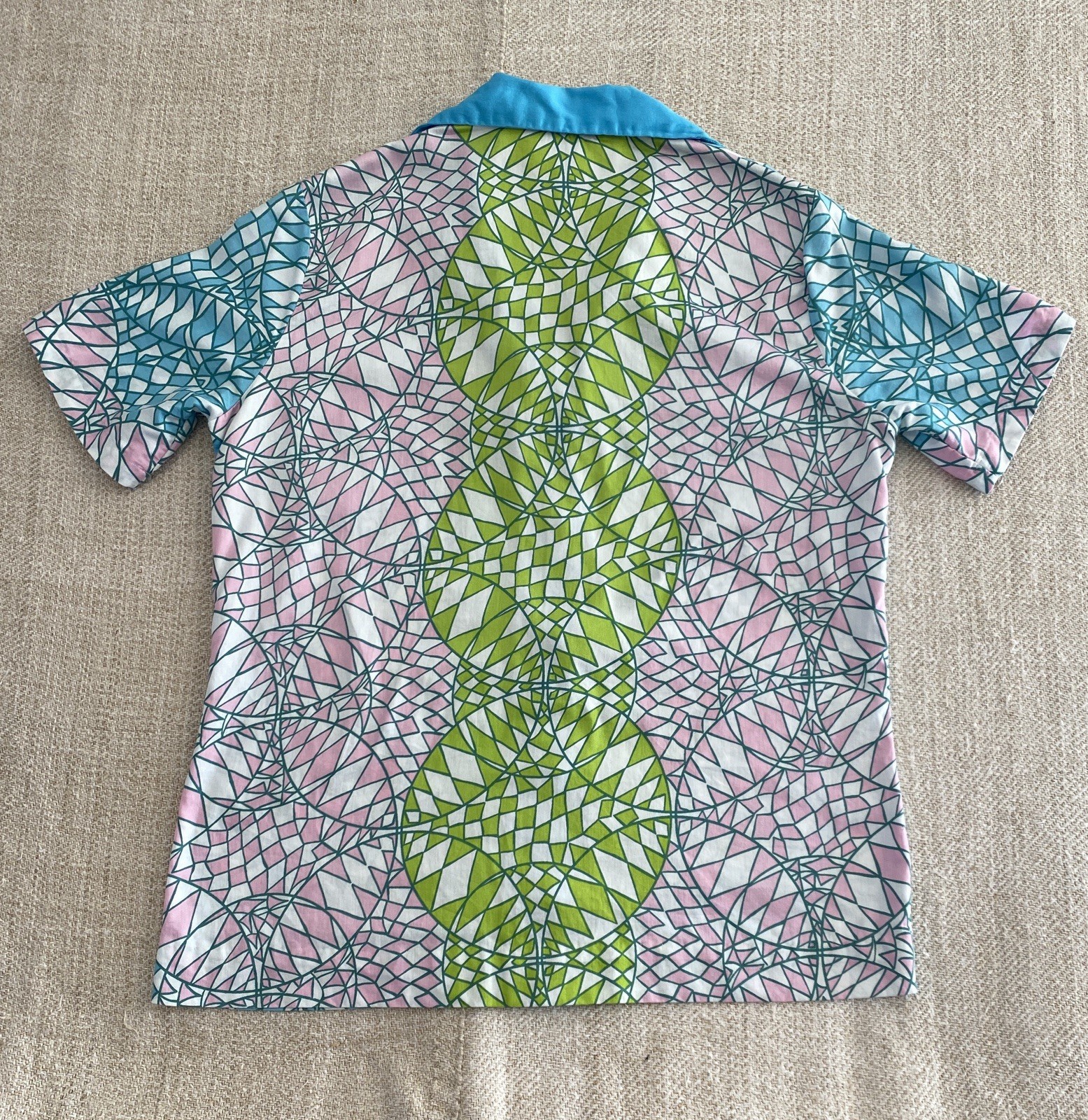 Vintage Short Sleeve Button Down Shirt Geometric Pattern Cotton