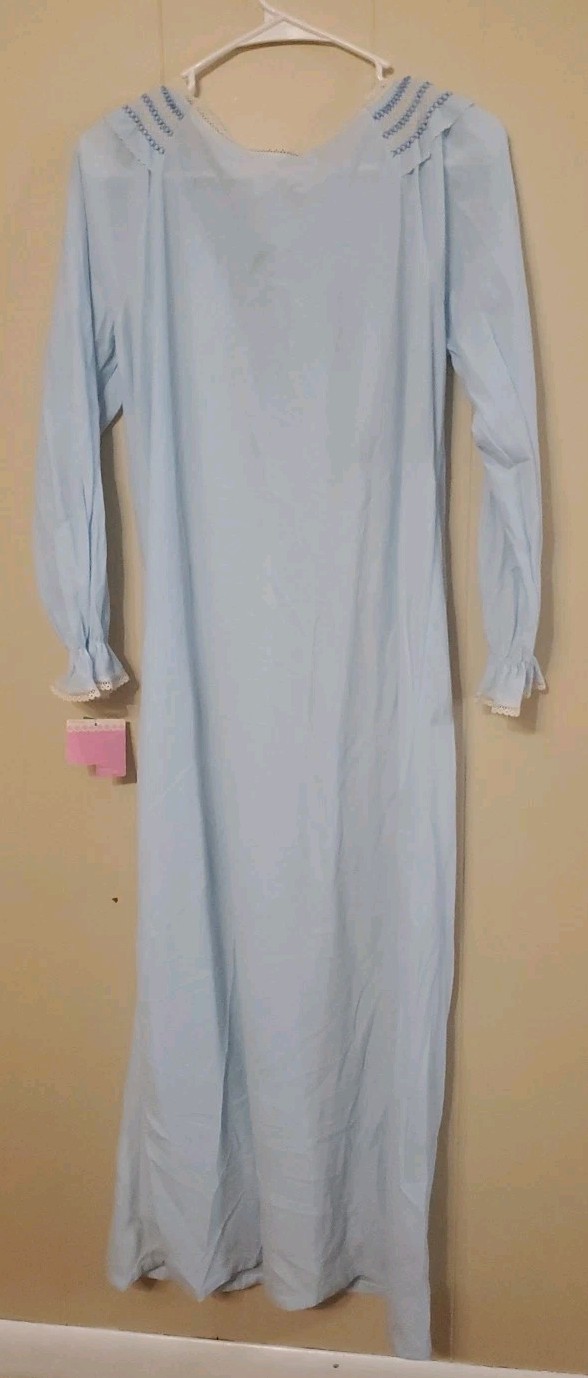 VTG JCPenney Solid Blue Nightgown M Striped Ruffle Collar Maxi New Old Stock