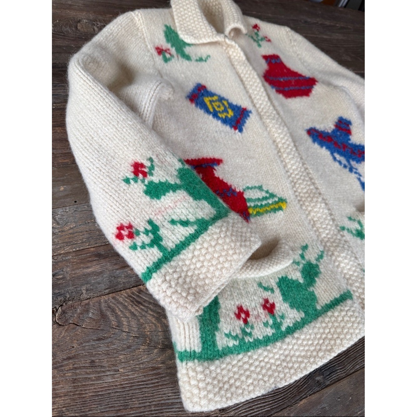 Hand knitted 1950&rsquo;s vintage wool cowichan Mexican cactus burrow metal zip cardi