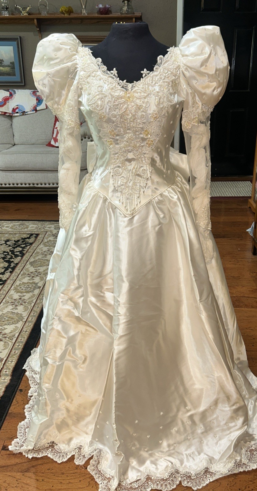 Vtg 80s Wedding Dress Beaded Puff Sleeve Bridal Gown Detachable Train Size 10