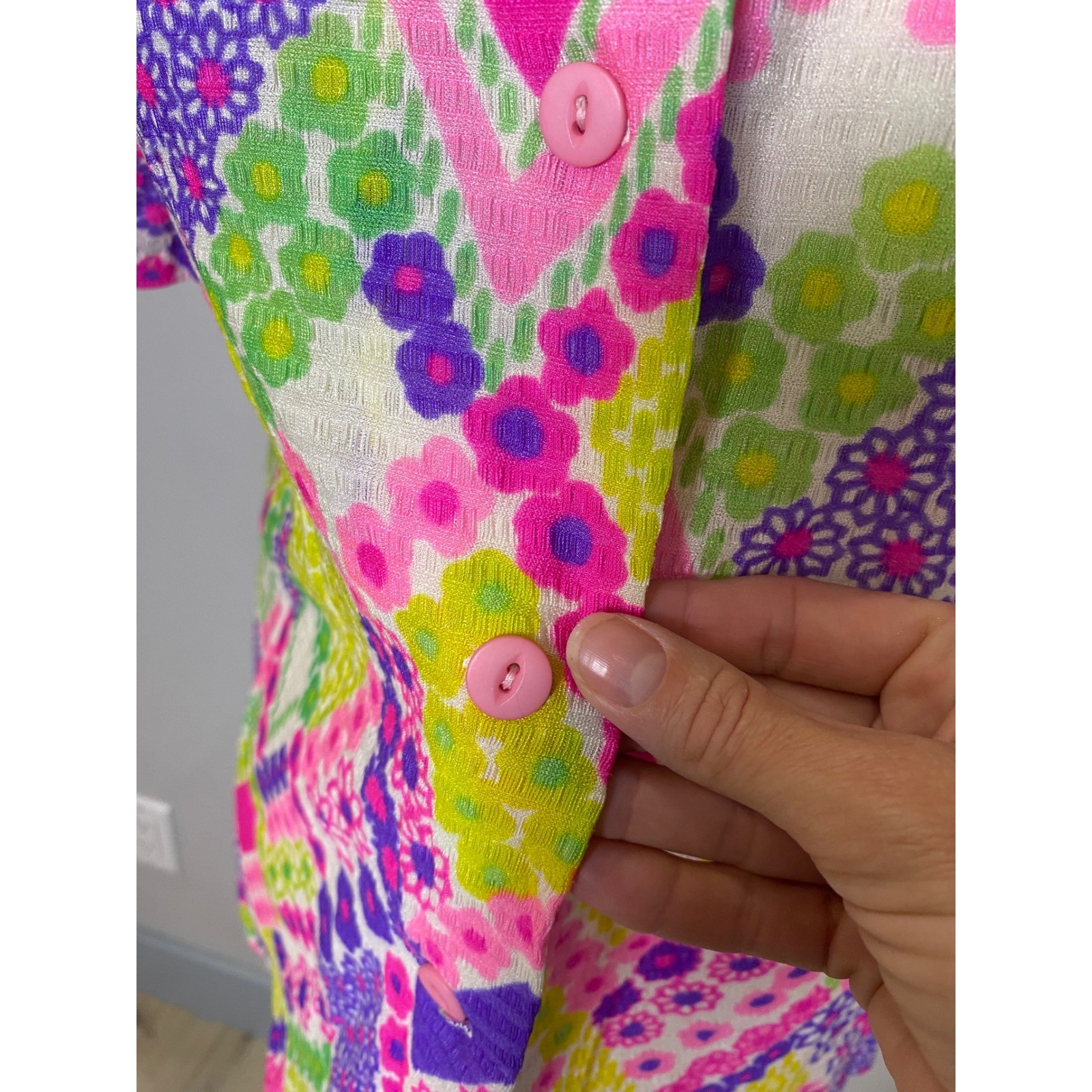 Vintage 60s Psychedelic Floral Geometric Button Up Blouse Pink Purple Green Neon