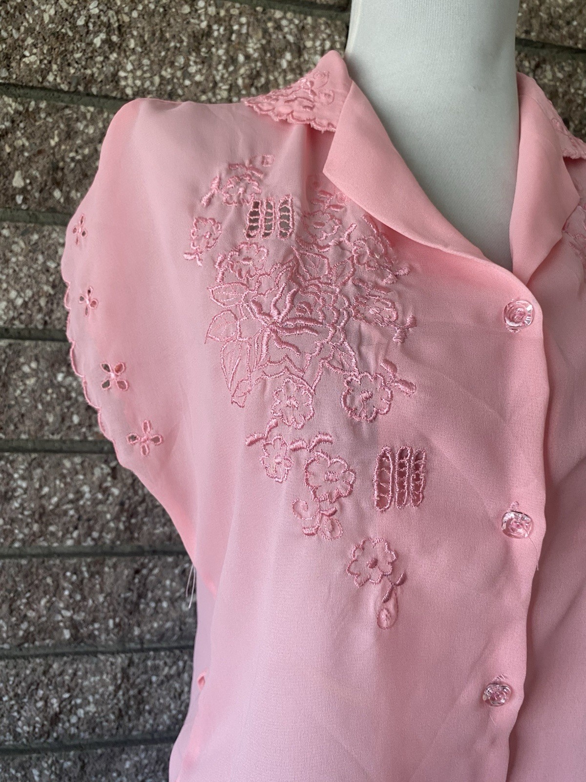 Vintage 1960s Pink Blouse Polyester Floral Embroidered Button Up Shirt Size M