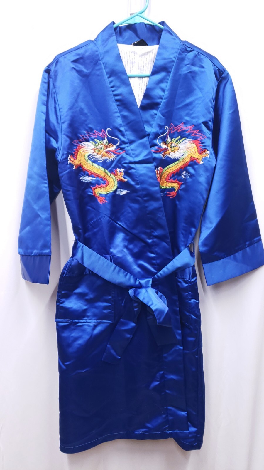 VTG Made In Korea Blue Silk Hand Embroidered Dragon Kimono Robe Lined Sz M